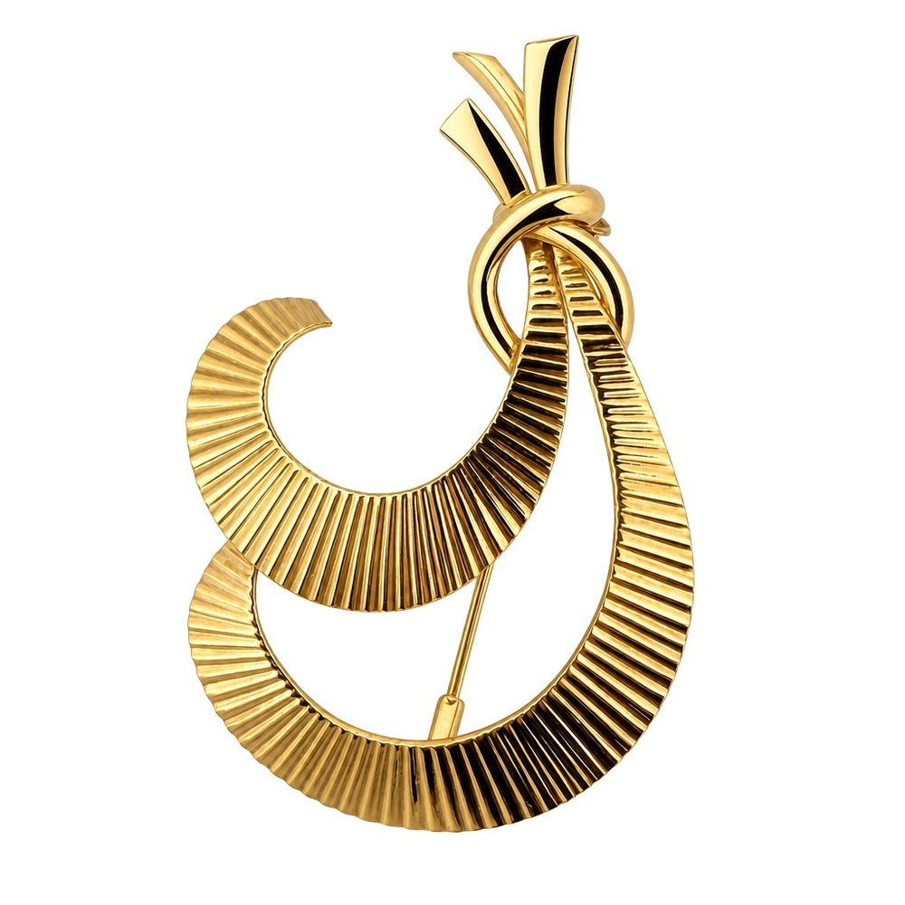 Vintage Murat Paris Gold Tone Double Fan Swirl Ribbon Brooch Pin Signed France